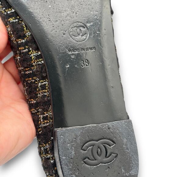 Chanel Tweed Black Gold CC Cap Toe Ballet Flats 38 US 7.5 Box COA Auth Ballerina - Picture 10 of 12